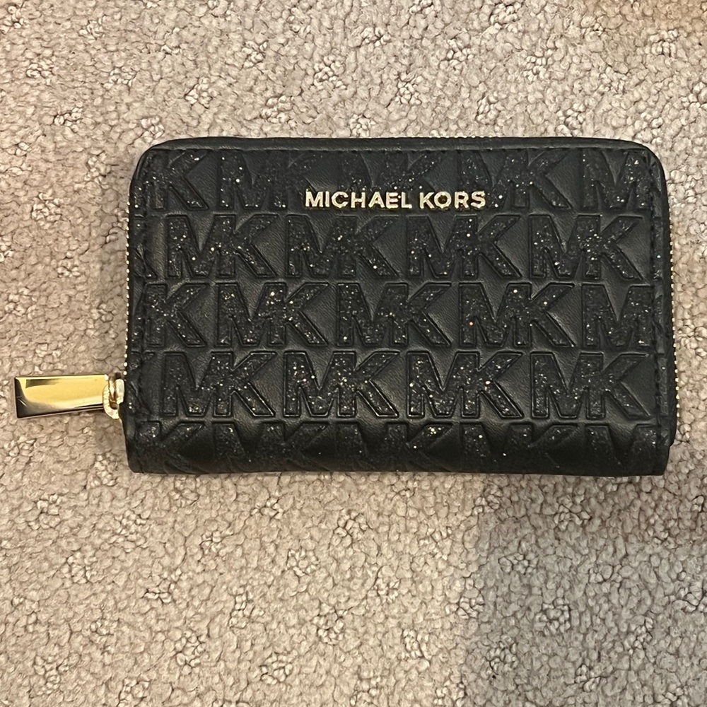 Michael Kors Glitter Black and Gold Zipper Wallet Small Card Case NWT